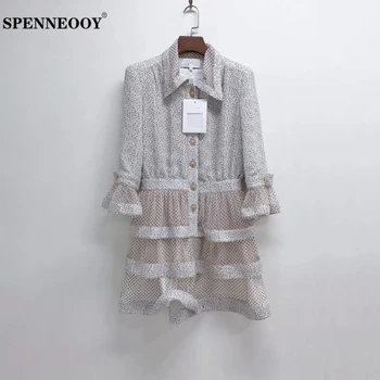 

SPENNEOOY Designer Custom Runway Autumn Female Allover Polka Dot Vintage Short Dresses Women Button Mesh Mini Dress Vestidos