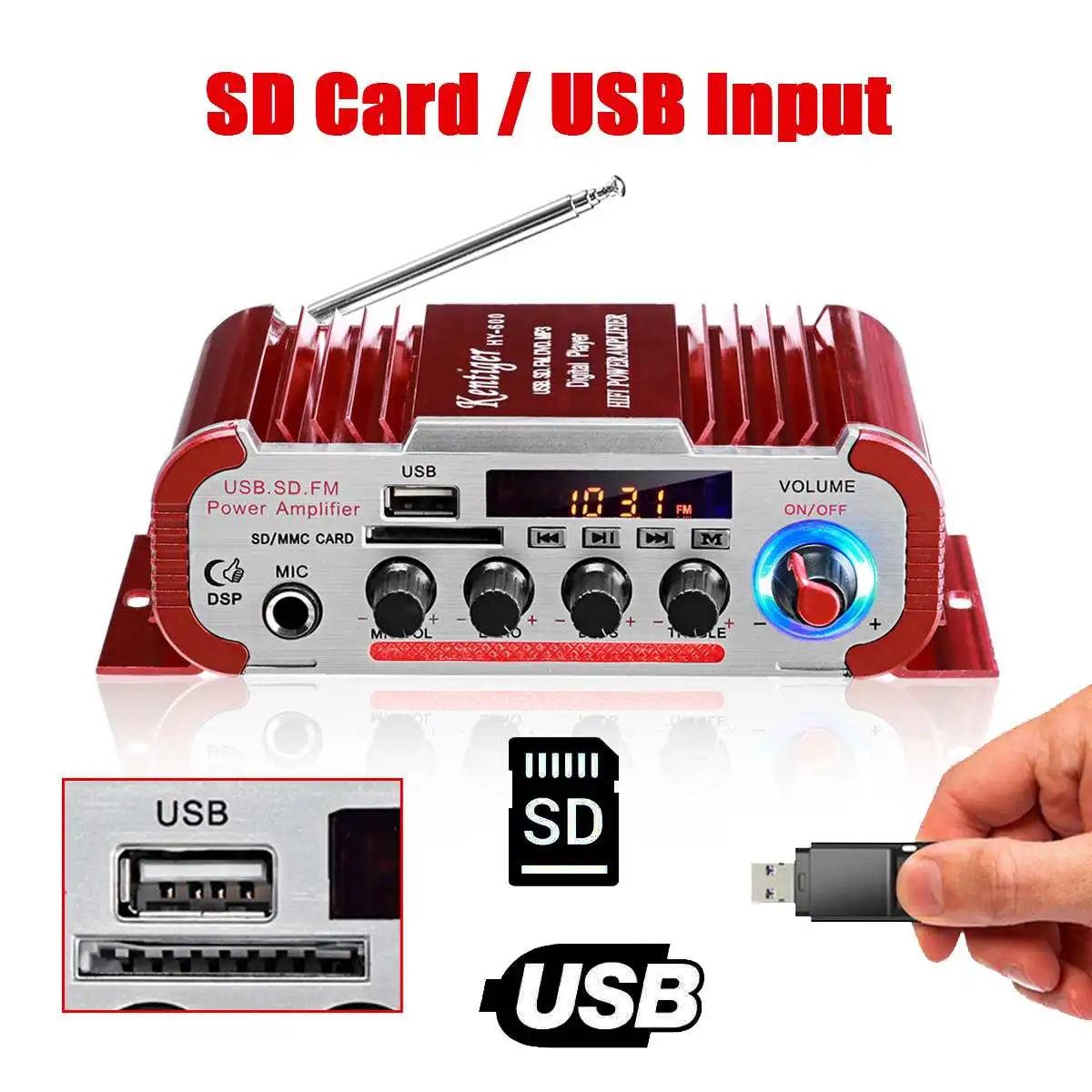 HY60 600W 12V/220V 2CH 자동차 HIFI 오디오 앰프 LCD 디스플레이 클래스 D 전력 Amplificador 라디오 자동차 홈 시끄러운 스피커 FM USB SD