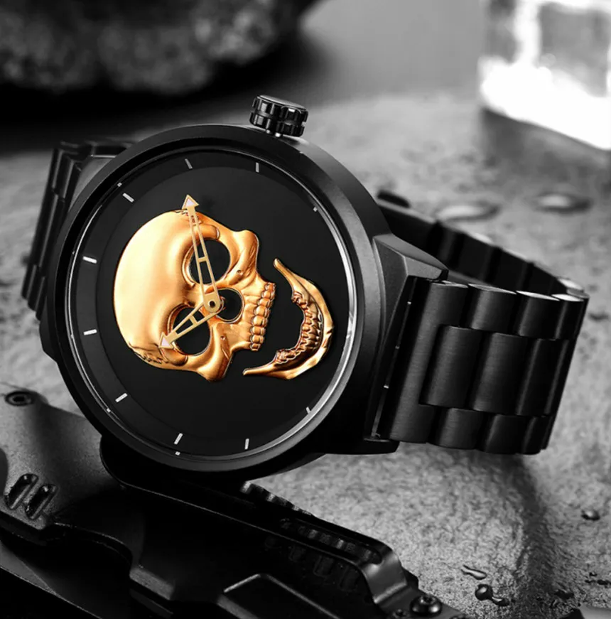 Модные мужские часы с золотым черепом, креативные бизнес Кварцевые часы, 2 указателя, водонепроницаемые часы из нержавеющей стали, мужские часы