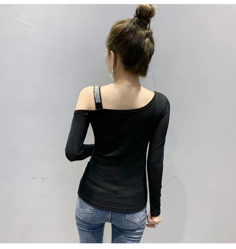 2020 Autumn New women tops Fashion long sleeve sexy off the shoulder women t-shirt hot drilling Elegant slim women clothing