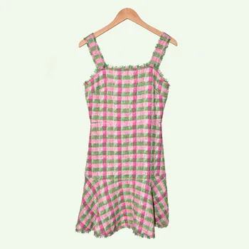 

Women Strapless Sling Short Dress Sweet Pink Plaid Spaghetti Strap Mini Dresses Streetwear Tassel Dress