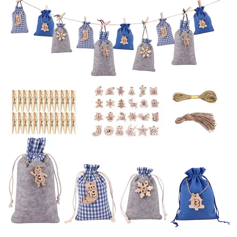 24pcs DIY Numbers Bag Christmas Advent Calendar Ornament Christmas Gift Bags Calendar Countdown Bag Candy Storage Pouches