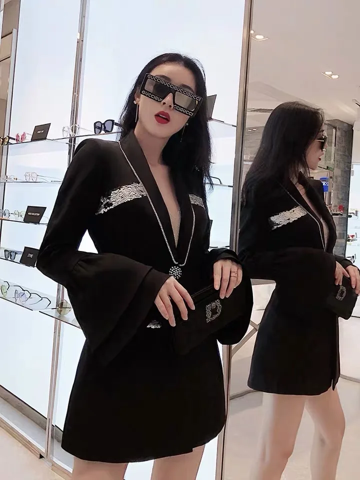 Pinkoz осенний Блейзер Полный расклешенный рукав Sequines лоскутный отложной воротник на одной пуговице дамское модное повседневное пальто