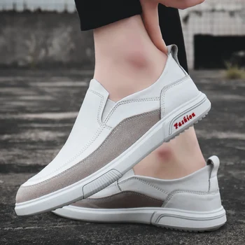 

Men's board shoes summer new style fashion tide genuine leather slip on casual breathable outside white shoes men moccasins