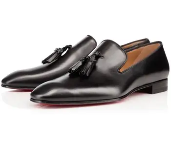 

New Brand Red Bottom Loafers Luxury Party Wedding Shoes Designer BLACK PATENT LEATHER Suede Dress Shoes For Mens Slip On Flats