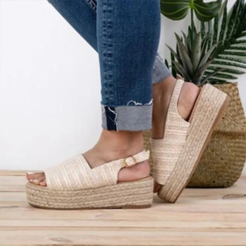 

Women's Summer Shoe Plus Size 43 Fashion Open Toe Cane Chunky Sandals Woman Solid Backle Strap Wedges Cozy Designer Sandal