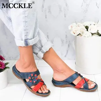 

MCCKLE Woman Vintage PU Women's Slippers Mixted Color Casual Wedge Ladies Slides Flower Comfort Open Toe Female Shoes Summer Hot