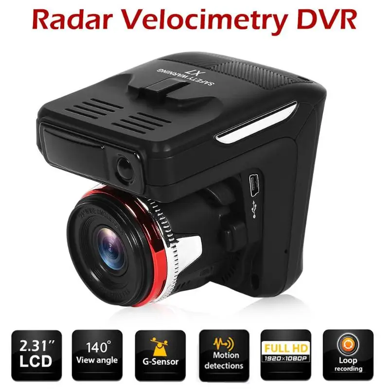 X7 2 в 1 Автомобильный видеорегистратор радар детектор HD светодиодный присоска Тип USB прикуриватель 30 кадров 1080p 2,31 дюймов ips 140 объектив приборная камера