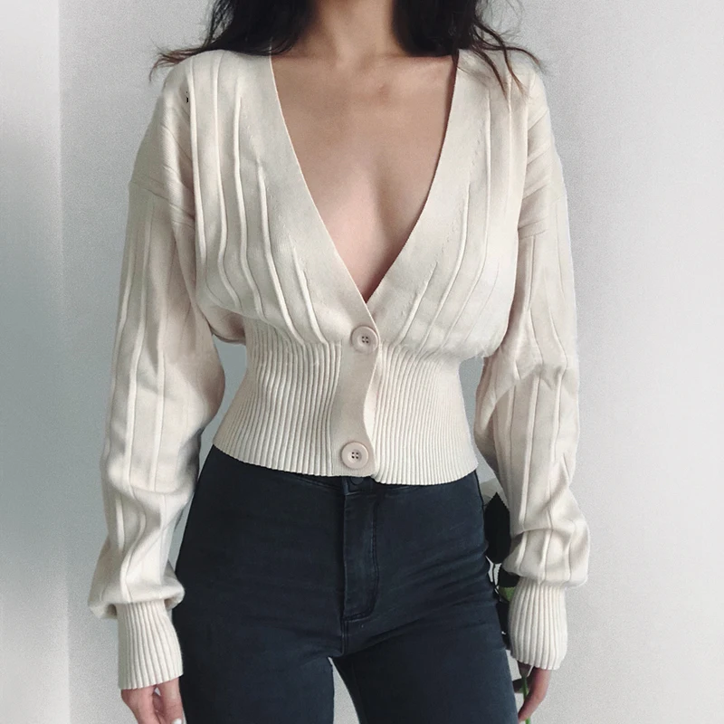 

2019 Autumn Fashion Women Draw-string Cardigans Women Deep V Neck Cropped Cardigan Drop Shoulder Ribbed Knit Cardigan
