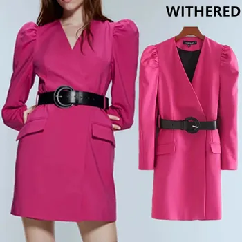 

Withered england office lady solid sashes puff sleeve party mini dress women vestidos de fiesta de noche vestidos long blazers