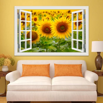 

Nature Landscape Sunflower aurora 3D Window View Wall Stickers PVC Wall Art Decals For Living Room Bedroom Decor wall poster