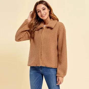 

2020 Popular Winter Womens Casual Solid Color Cashmere Long Sleeve Short Jackets Turn-down Collar Lapel Design Coat #3