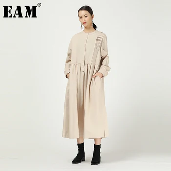 

[EAM] Women Black Pleated Split Temperament Dress New Stand Collar Long Sleeve Loose Fit Fashion Tide Spring Autumn 2020 1N511