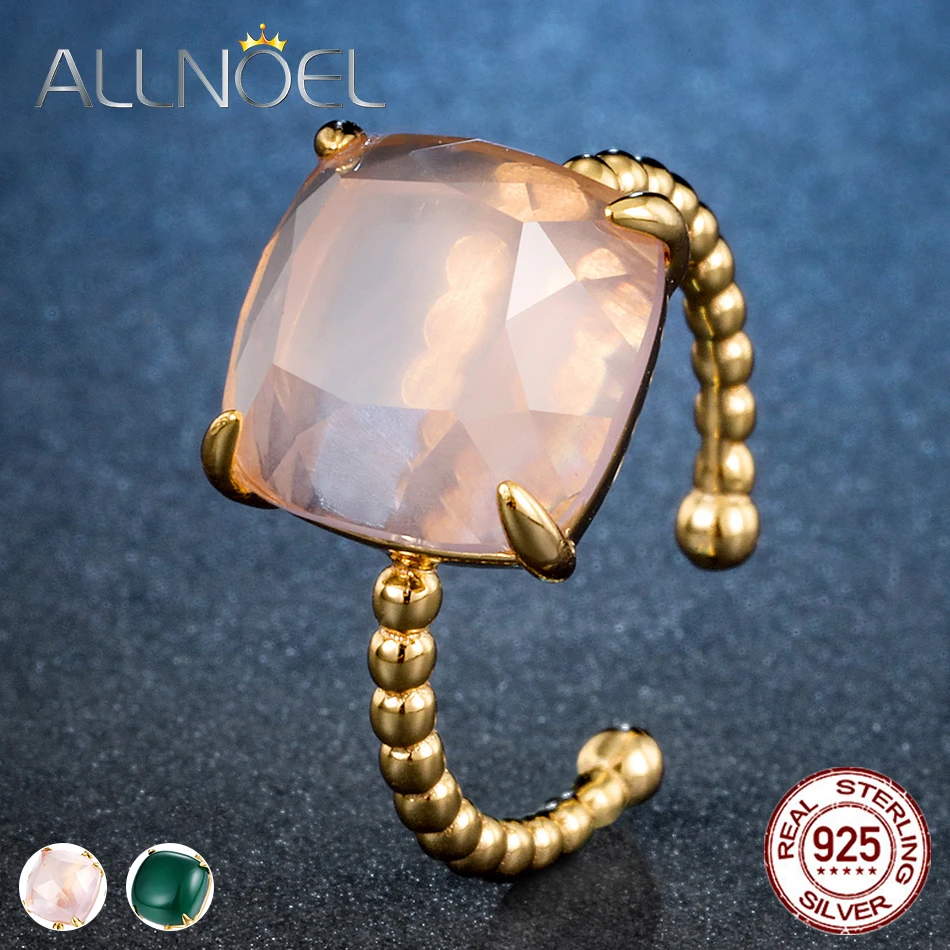 

ALLNOEL 100% Natural Gemstone Ring For Women Squire Rose Quartz Green Agate Luxury Fine Jewelry Classic Style silver 925 jewelry