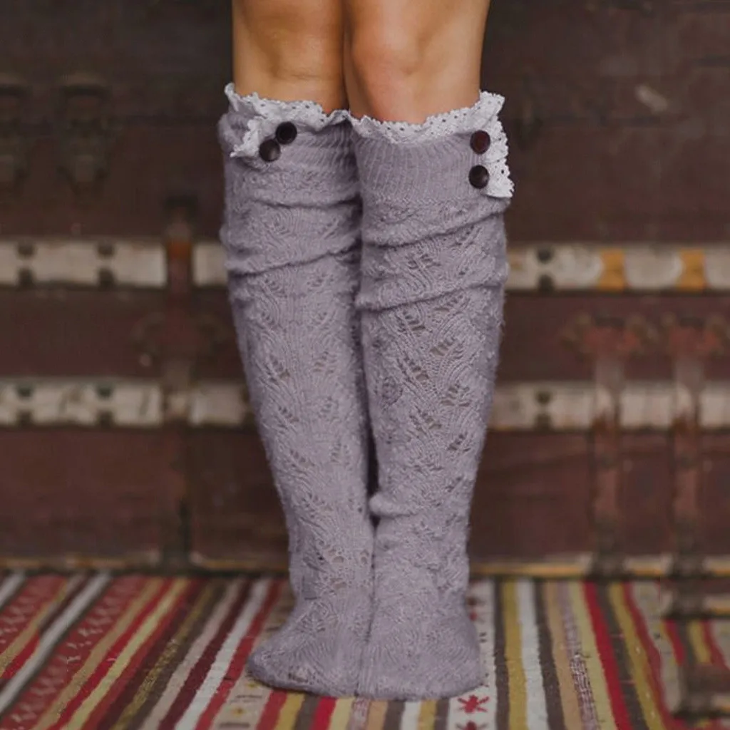 Зимние женские вязанные хлопковые чулки с подкладкой, дамские ботфорты выше колена размера плюс, Длинные теплые носки-тапочки для девочек, Medias