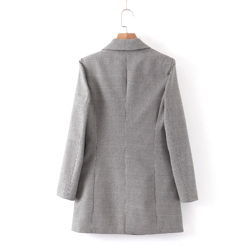Мода Za для женщин стильный клетчатый Хаундстут офис леди блейзер пальто двубортный длинный рукав карманы женские шикарные топы
