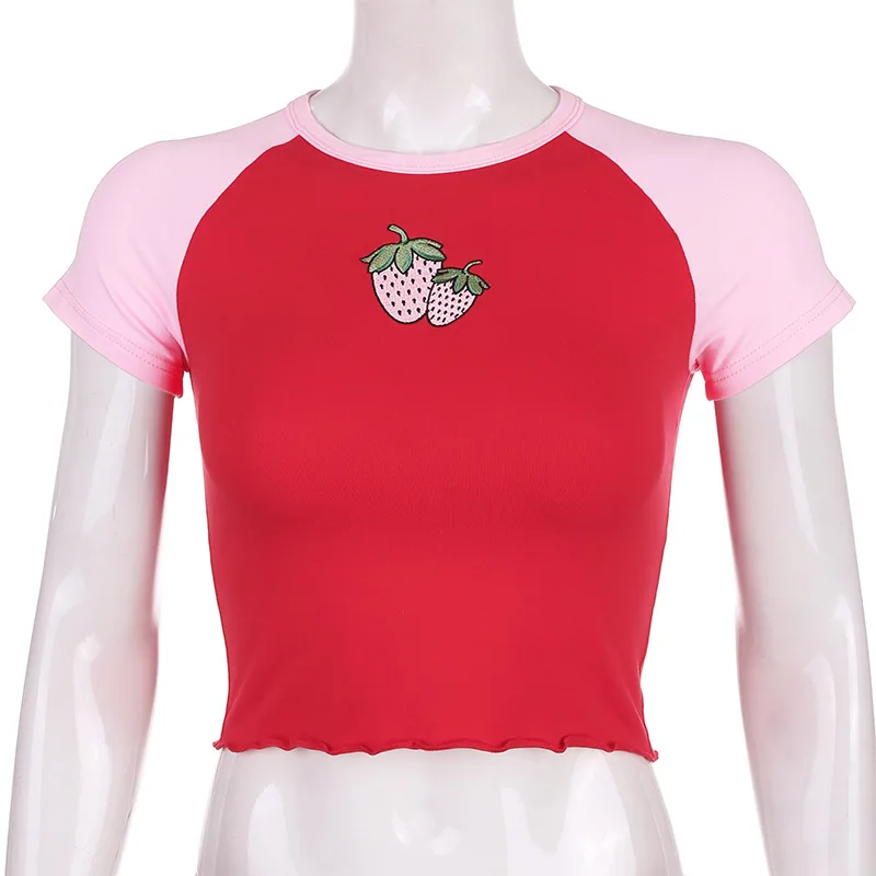 ALLNeon Sweet Strawberry Embroidery Front Crop Tops E-girl O-neck Short Sleeve Patchwork Red T-shirts Fashion Summer Kawaii Tees