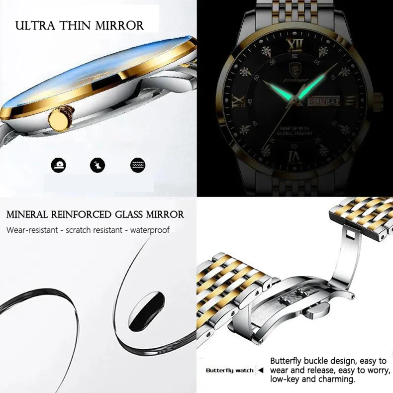 2021 New Casual Sport Chronograph Men's Watches Stainless Steel Band Wristwatch Big Dial Quartz Clock with Luminous Pointers
