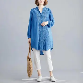 

[EWQ] 2020 Spring Summer New Pattern Stand Collar Long Sleeve Embroidery Print Patchwork Single Breasted Vintage Shrit AK81505