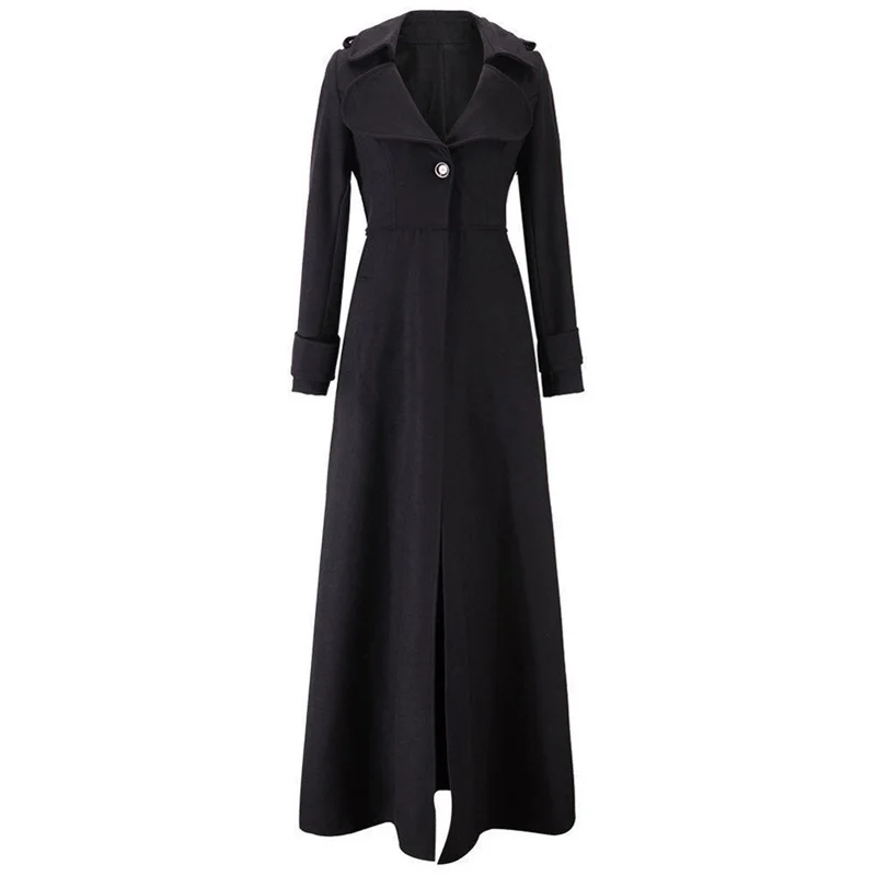 Осенне-зимнее шерстяное пальто Женская мода с отворотом тонкая Длинная парка пальто кнопка для ветровки шерстяное пальто женский длинный Тренч Верхняя одежда 5 - Color: Black