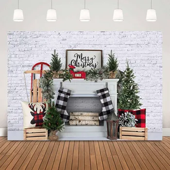 

Merry Christmas photography backdrop white wall brick fireplace photo background retro light Christmas tree decoration prop