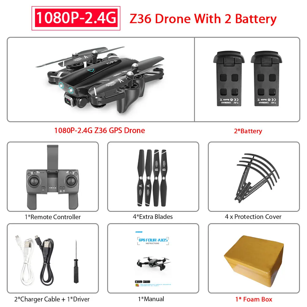 ZWN Z36 gps Квадрокоптер с 720P 1080P 4K HD камерой Rc вертолет gps фиксированная точка Wi-Fi FPV Дрон следуем за мной режим vs SG900-S E520S - Цвет: 1080P-2.4G 2B Foam