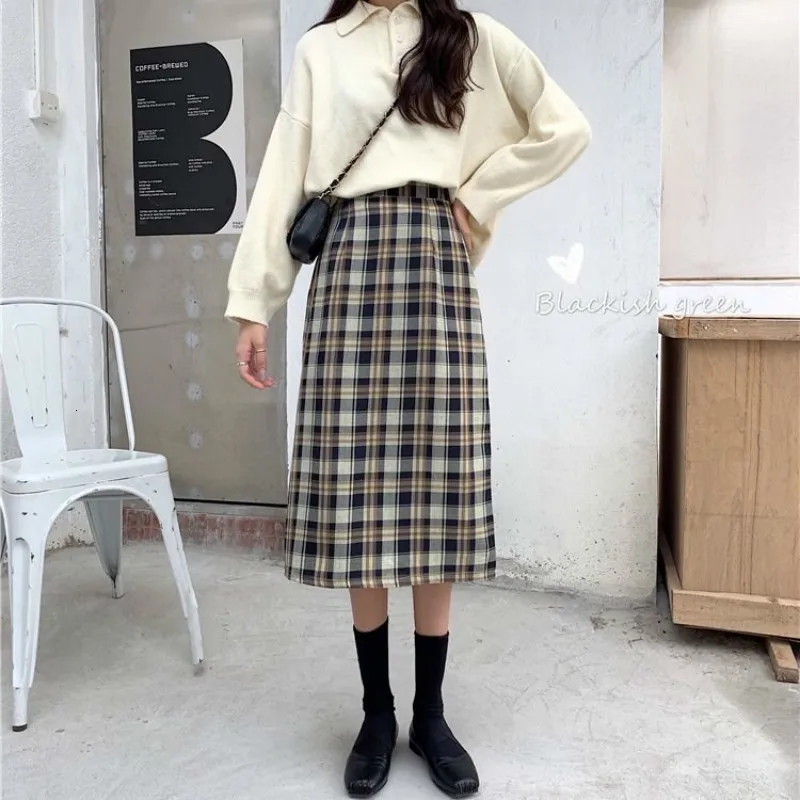 Женская длинная клетчатая юбка Демисезонный Harajuku трапециевидной формы шикарная юбка модные Высокая Талия Винтаж решетки Kawaii юбка saia faldas