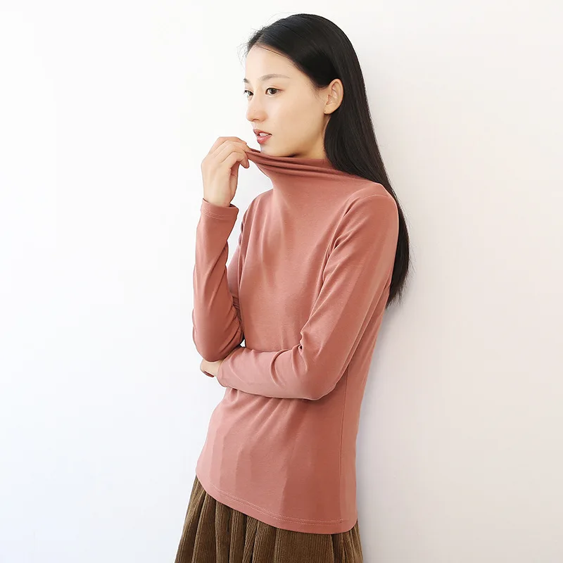 

Johnature Women Korean Style T-Shirts 5 Color Long Sleeve Cotton 2019 Autumn New Casual Women Cloths Turtleneck Soft T-Shirts