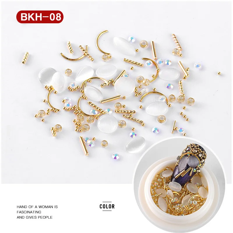 BKH-08 1 коробка, смешанные натуральные цветы в виде раковины, очаровательные жемчужные разноцветные бусины-икры, металлические заклепки для ногтей, шпильки, японские DIY 3D украшения для дизайна ногтей - Цвет: BKH-08
