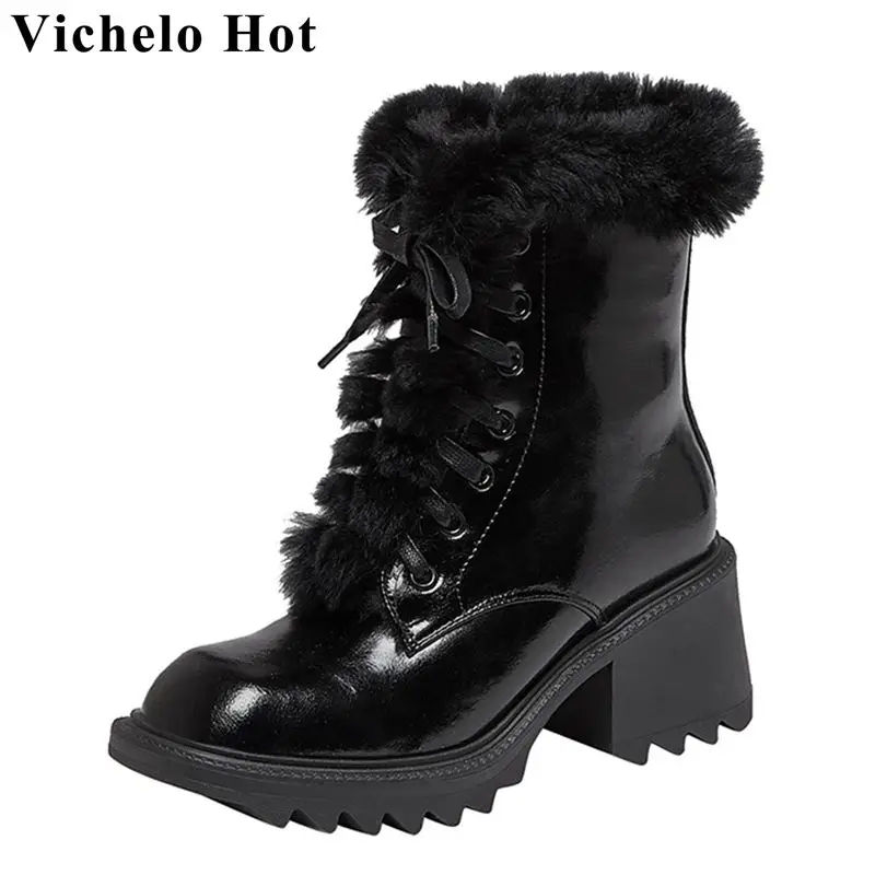 

Vichelo Hot cross-tied snow boots rabbit fur square toe waterproof thick high heels winter full grain leather ankle boots l82