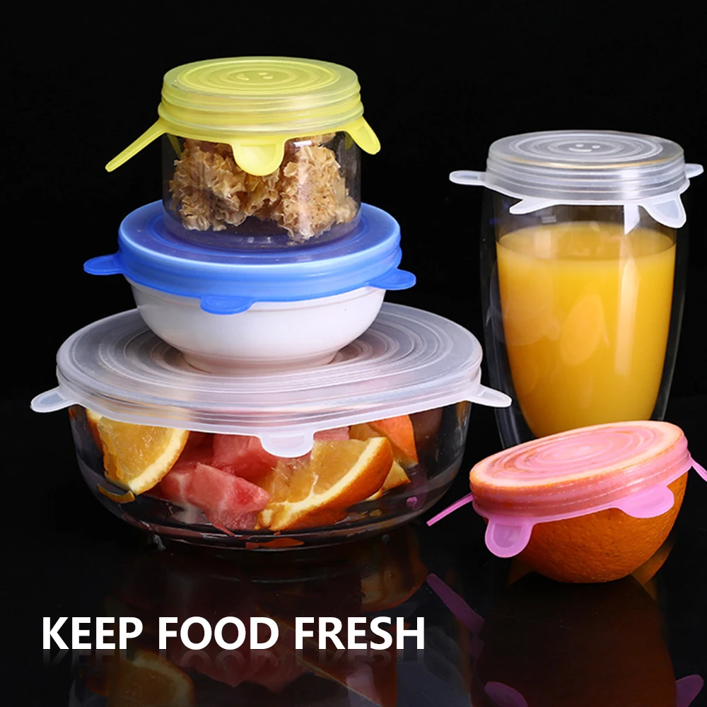 6 pcs/set Silicone Bowl Covers for Kitchen Universal Food Fresh Lid Cap Reusable Cookware Stretch Lids Accessories | Дом и сад