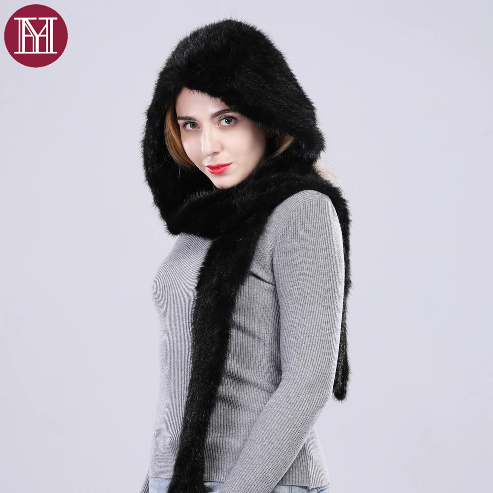 Fashion women real mink fur scarf with hooded handmade knitted genuine mink scarves tassel elegant brand