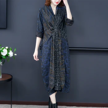 

Women Autumn Patchwork Retro Dress Ladies Loose Spring Fall Dresses Female Spliced Elegant Dress Irregular Length DressB218