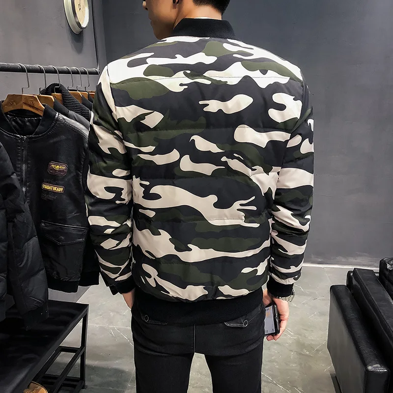 Winter Camouflage Down Jacket Men's Winter Thick Warm Tiger Head Baseball Lead Down Jackets Winter Clothes Thickening Loose Coat