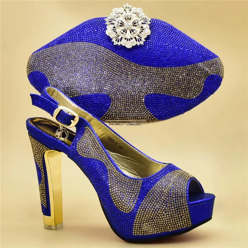 Новинка; комплект из туфель и сумочки в африканском стиле; украшенный стразами; женская свадебная обувь на каблуке; итальянская обувь и сумочка высокого качества - Цвет: Синий