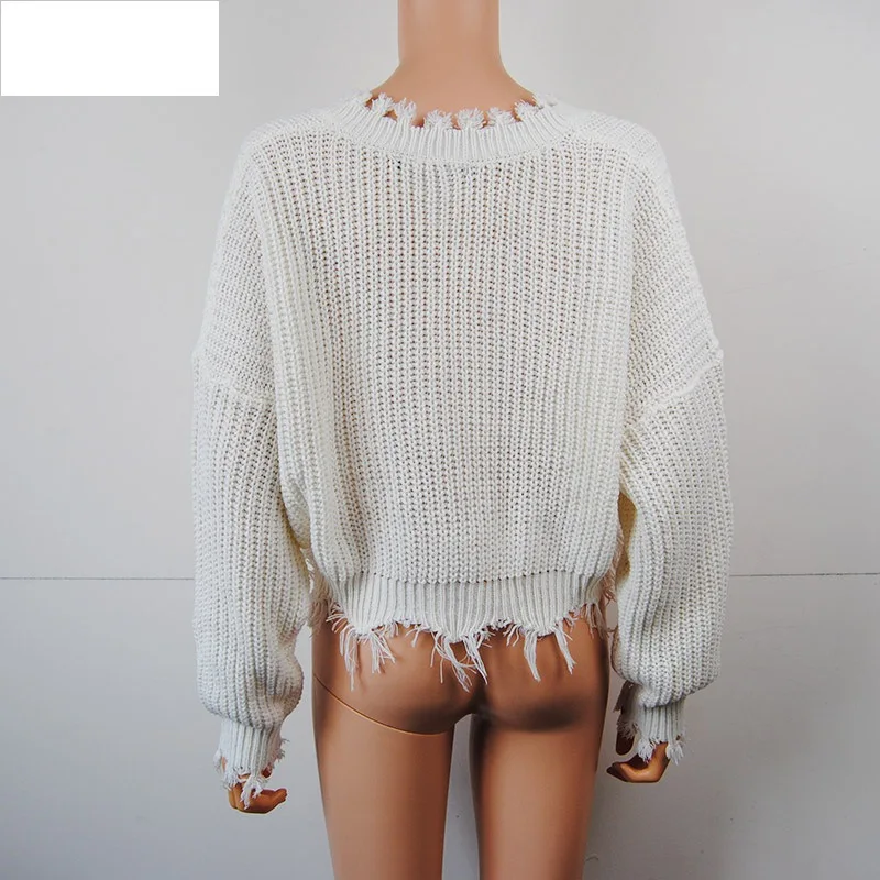 Moxeay для женщин белый пуловер с кисточками и v-образным вырезом рваные HoleLoose джемпер Повседневный Белый Женский вязаный