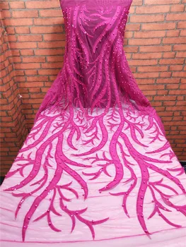

French Net Lace Fabric 2019 High Quality Fuchsia Color African Lace Fabric With Sequins for Nigerian Wedding dress