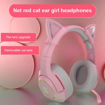 Auriculares estéreo con orejas chica gato para videojuegos, USB 7,1, Hifi, 16,8 Milion RGB, lámpara de atmósfera, auriculares con micrófono