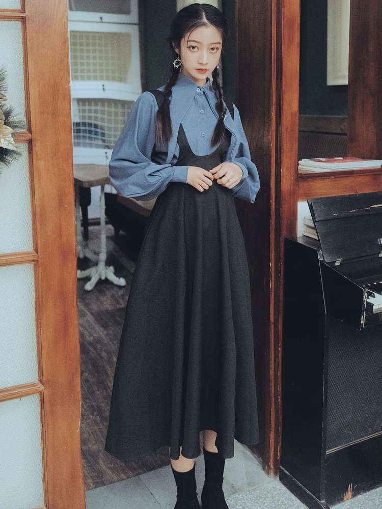 YOSIMI, Осень-зима, женская блуза с длинным рукавом и рукавом-фонариком, рубашка и черное платье на бретелях, комплект из 2 предметов, комплект с юбкой до середины икры