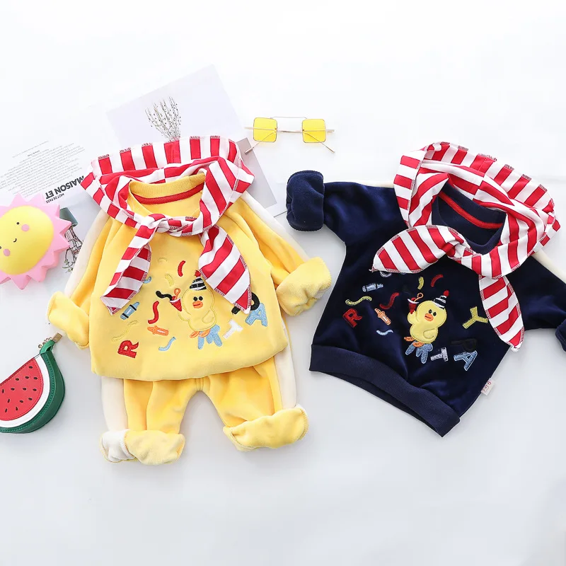 0-4 years winter boy girl clothing set casual thicker warm cartoon cute kid suit children baby clothing hoodies+pant 2pcs