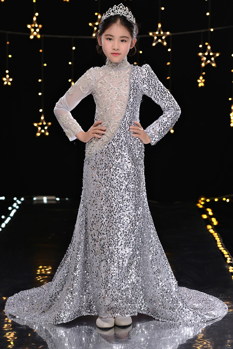High-end Luxury Sequined Girls Mermaid Evening Dress Fashion Trailing Catwalk Ball Gown Modis Kids Party Dress Vestidos Y2233
