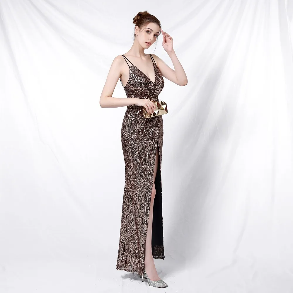 Gold Sequins Spaghetti Strap Deep V Neck Backless Open Slit Luxury Party Dresses For Women 2020 Fashion Elegant Night Club Dress (14)