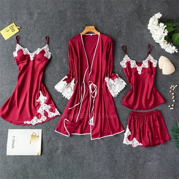 

Summer 2020News Women Pajamas Set 4PCs Sexy Lace Pyjamas Satin Silk Sleepwear Elegant Sling Pijama with Chest Pads Homewear Robe