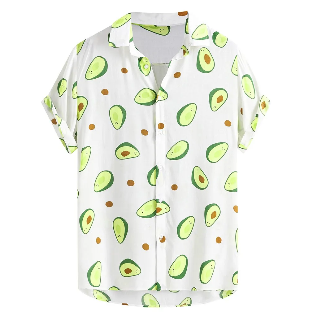 KLV Гавайские мужские рубашки с забавным принтом авокадо, отложной воротник, короткий рукав, повседневные рубашки, мужские пляжные рубашки на пуговицах, Camisa 9815