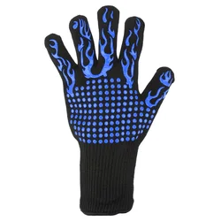 Heat Resistant Non-Slip Fireproof Oven Mitts for High-Temperature Cooking and Grilling (Blue)