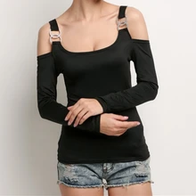 Women Spring Autumn Sexy&Club T-shirt Fashionable New Long-sleeved Double D Buckle Off-shoulder Sexy Ladies Slim Shirt 2019