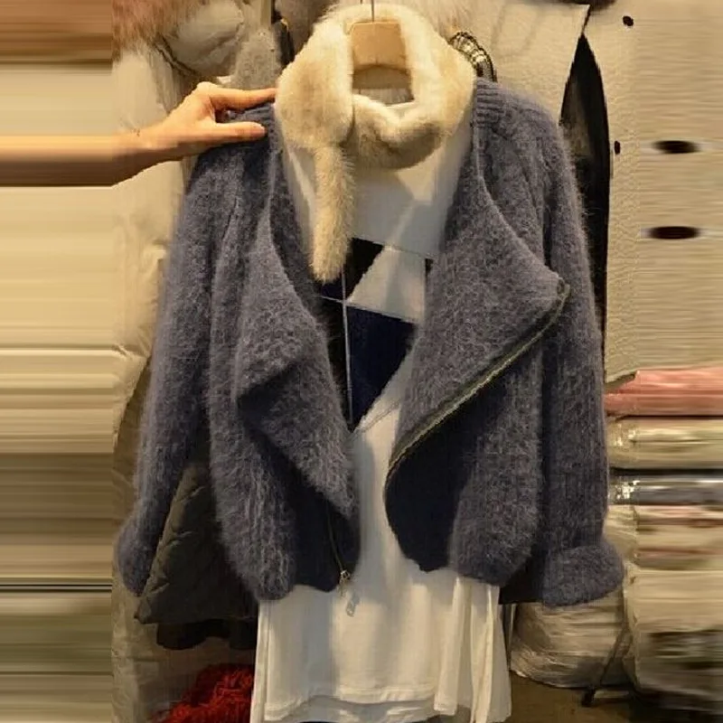 

Autumn 2019 New Women Wear V-neck Zipper Short Knitted Card and Sweater Turn-down Collar Cardigans Women Sweater