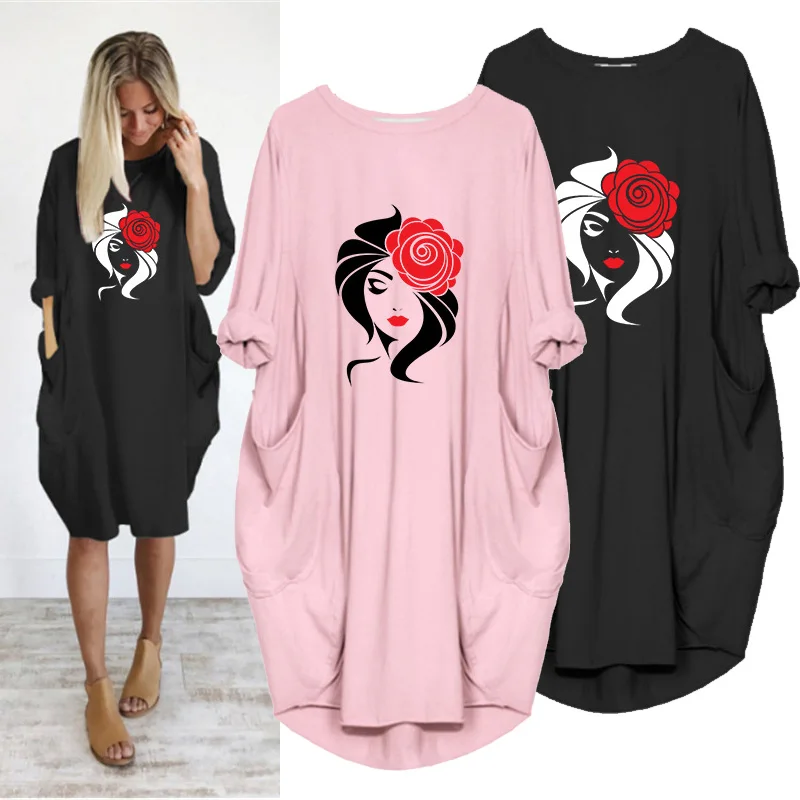 

New 2020 Women Loose Dress Simple Rose Print Long Sleeve O Neck Pocket Plus Size 5XL Casual Vintage Woman Dress Vestidos Robes