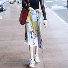 Милые длинные юбки с рисунком для женщин Осень Женская эластичная юбка с высокой талией желтая шифоновая плиссированная макси юбка