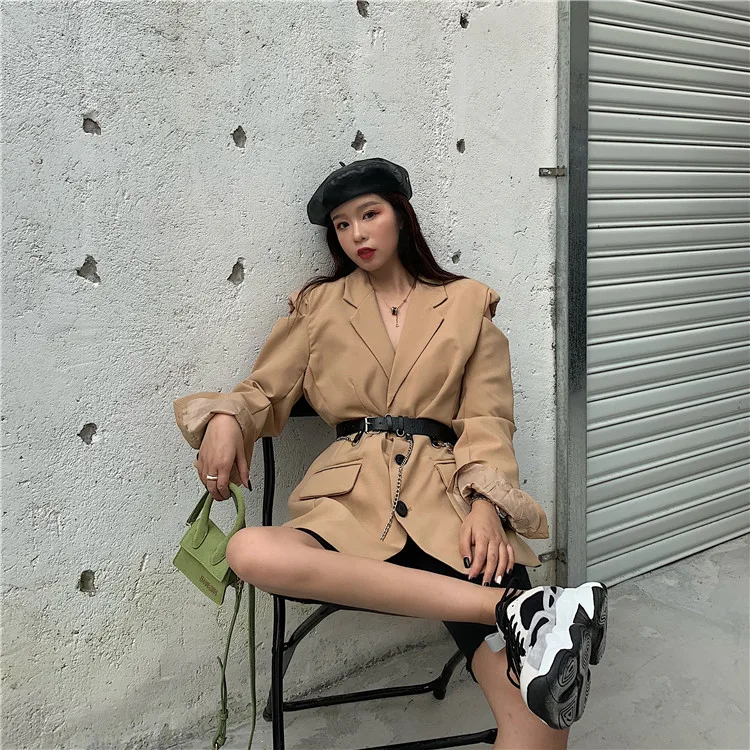 Стиль Мода Ранняя осень-Онлайн Стиль Знаменитостей лопнувшая с плеча элегантная контурная свободная посадка для похудения